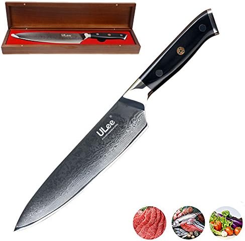 8 Inch Damascus Chef Knife by ULee - Made of 67 Layers Damascus Steel, Razor Sharp Edge, Ergonomic G10 Handle, Hand Polished Acacia Wooden Box, Great Gyuto Knife As Gift