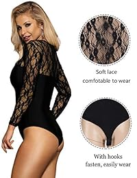 ohyeahlady - Body de encaje de malla para mujer, manga larga, lencería