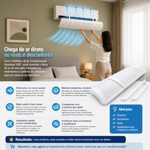 Defletor Ar Condicionado Split Ajustável 180° Direcionador de Ar Anti Vento Direto Protetor Universal Evita Vento ao Rosto Conforto Térmico Residencial Escritório