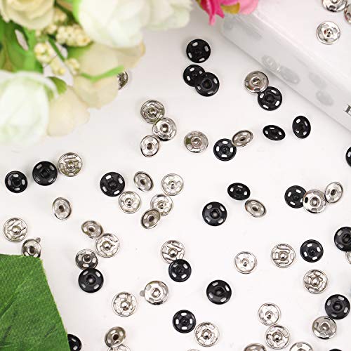 Senkary 200 Sets Sew-On Snaps, 10 mm Snap Buttons Metal Snap Fasteners Press Studs for Clothes, Sewing Clothing, Jeans, Jackets (Black and Silver)
