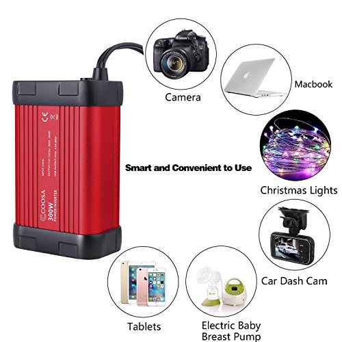 COOSA 300W USB C Car Power Inverter DC 12V to 110V AC Vehicle Power Converter with 4.8A Dual USB A Charging Ports Car Adapter (Black red)