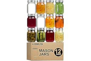 KAMOTA Mason Jars 16 OZ With Regular Lids and Bands, Ideal for Meal Prep, Jam, Honey, Wedding Favors, Shower Favors, Baby Foods, DIY Spice Jars, 12 PACK, 20 Whiteboard Labels Included