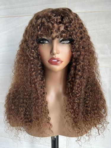 Chocolate Brown Curly Human Hair Wig with Bangs Glueless Wig Human Hair Curly Wig Human Hair Curly Hair Wig for Women 4# color 24 inch