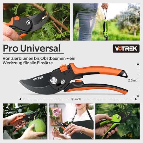VOTREK 8.5 inch bypass secateurs with continuous handle opening, professional rose shears & pruning shears with SK5 steel and internal spring for effortless cutting - ideal for weak hand strength. Bracelet: Gift