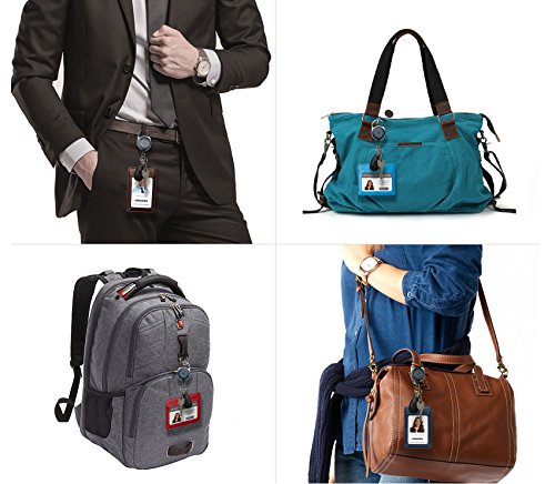 Genuine Leather ID Badge Holder Wallet with Heavy Duty Carabiner Retractable Reel, Key Ring and Metal Clip, 3 Card Pockets. Holds Multiple Cards & Keys. Key Chain Flashlight. Vertical. Carolina Blue