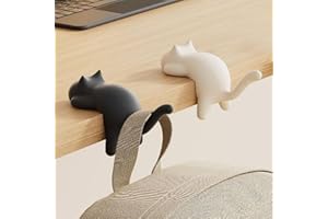 2-Pack Cute Cat Desk Edge Hooks - No-Drill Tabletop Clips | Holds Bags, Headphones & Keys, Desktop Organizer (Black/White)