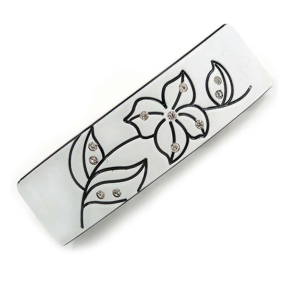 White/Black Crystal Acrylic Barrette Hair Clip Grip In Silver Tone Metal - 80mm Long