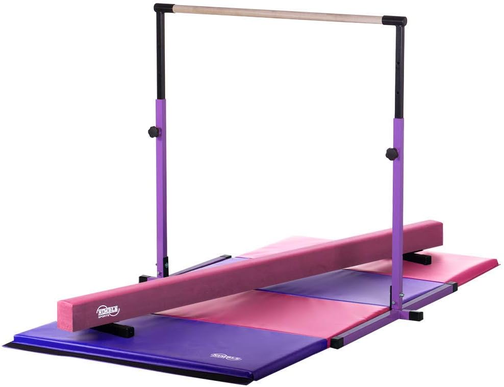 Nimble Sports Little Gym - Adjustable Gymnastics Bar - Pink Suede Balance Beam - Pink and Purple Gymnastics Tumble Mat