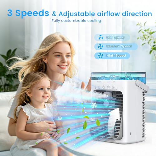 Mini Air Conditioner, 4-in-1 Portable Air Conditioner with 1000ML Water Tank Small AC Unit Air Cooler USB Powered Evaporative Cooler Cooling Fan with 2/4/8H Timer & Light for Office Bedroom Room