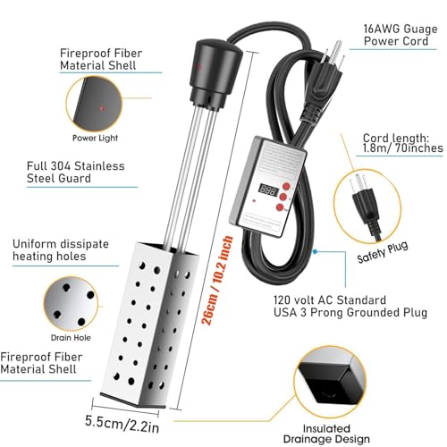 2000W Immersion Water Heater - Constant Temperature Electric Submersible Model with Stainless Steel Guard Cover and Built-in Digital LCD Thermometer