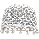 Women's Cotton Crochet Skull Cap - Handmade Knit Cutout Beanie, Hollow Out Ethnic Style Summer Hat, Vintage White