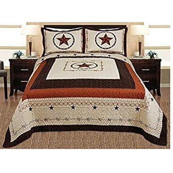 3-piece Western Lone Star Barb Wire Cabin / Lodge Quilt Bedspread Coverlet Set Full / Queen Size Beige, Brown, Black
