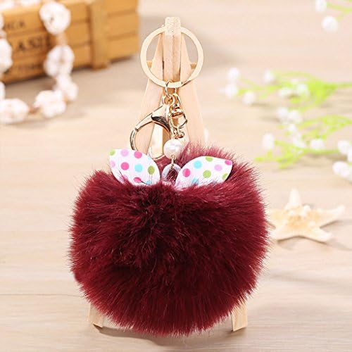 Kansea Cute Rabbit Fur Fluffy Puff Ball Bowknot PomPom Charm Car Handbag Key Chain Ring(Wine red)