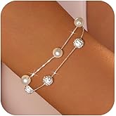 IPEPPY 925 Sterling Silver Solid Slider Bead Bracelets for Women Cute Pearl Layered Bracelet Gold Plated Italian Mesh Friendship Link Chain Bracelet Jewelry Christmas Gifts for Mom Daughter