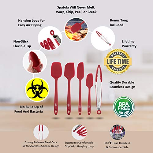 Silicone Spatula Set, 4 Heat Resistant Rubber Spatula and 1 Kitchen Tongs, Seamless Design with Stainless Steel Core, Kitchen Tools