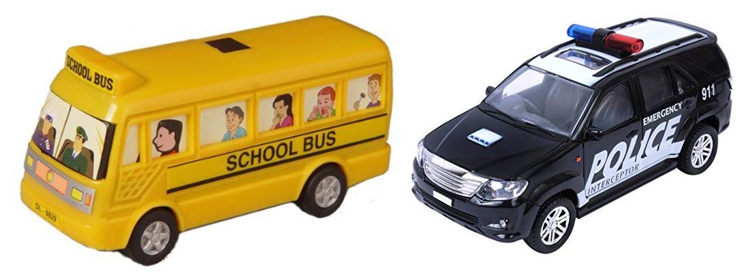 Krasa Centy Toys Mini Bus, Multi Color & Police Interceptor Fortune Pull Back Toy, Black