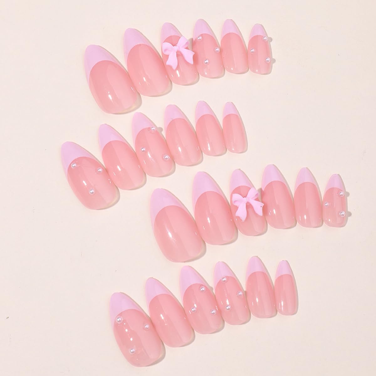 24pcs French Press on Nails, Almond Shape, Pink, with Bow & Pearl Design, French Tip, Luxury Glue on, Full Cover Artificial Nails for Women - Image 2