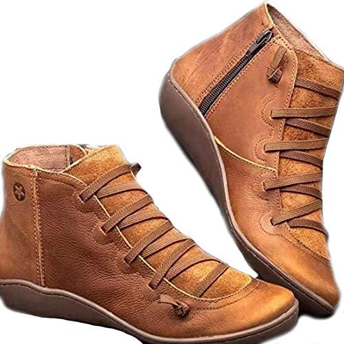 2019 Women's New Arch Support Boots,Ladies Casual Booties,Leather Retro Lace-up Boots Side Zipper Round Toe Shoe Boots (5.5, Brown)
