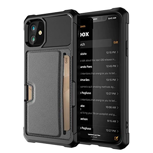 iPhone 11 2019 6.1 Case, Ranyi Slim Carbon Fiber Wallet Case with Credit Card Holder Slot Shock Absorbing Resilient TPU Rubber Defender Protective Case for Apple 2019 6.1 Inch iPhone 11 (Black)