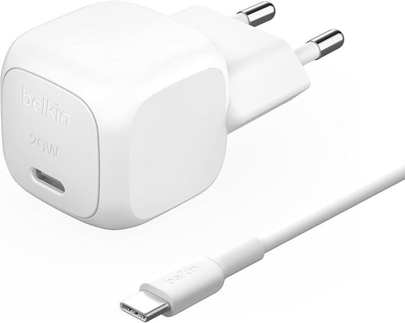 BoostCharge Caricabatteria da parete compatto da 20 W, ricarica rapida USB-C Power Delivery per Apple iPhone 16, Samsung Galaxy S25, iPad, AirPods e altri, cavo da USB-C a C incluso, bianco
