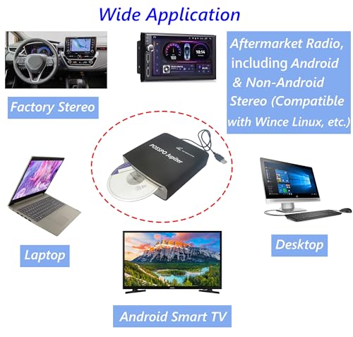 POSSPO Jupiter USB CD Player for Car Auto, Portable External CD DVD Player, USB Plug & Play (No Decoder Needed), AUX Uses Decoder for Louder Clearer Sound, Anti-Skip, Seamless Track Playback, Resume