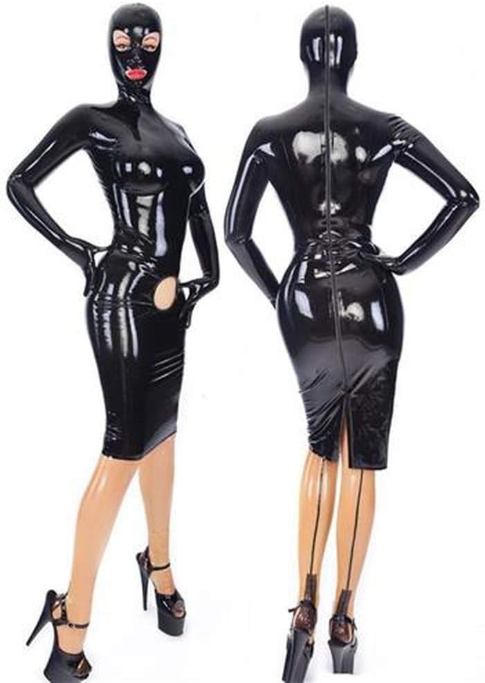 BLATEX Sexy Dress with Hoods Gloves Sexy Natural Latex Zentai Catsuit Women Dress Skirt