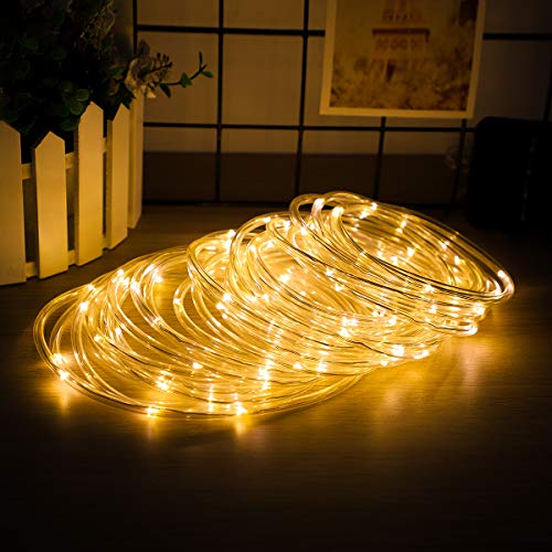 BINZET LED Solar String Lights Outdoor, 33ft Waterproof Clear Tube 8 Modes 100LEDs Solar Fairy Lights for Patio, Deck, Gardens, Backyard, Pergola, Christmas (Warm White, 2 Pack)