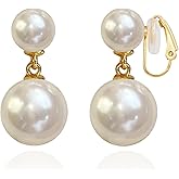OWADAR Pearl Clip on Earrings 18K Gold Plated Double Balls Dangle Drop Clip-On Earrings for Women Non Pierced Lightweight Earring - Pearls