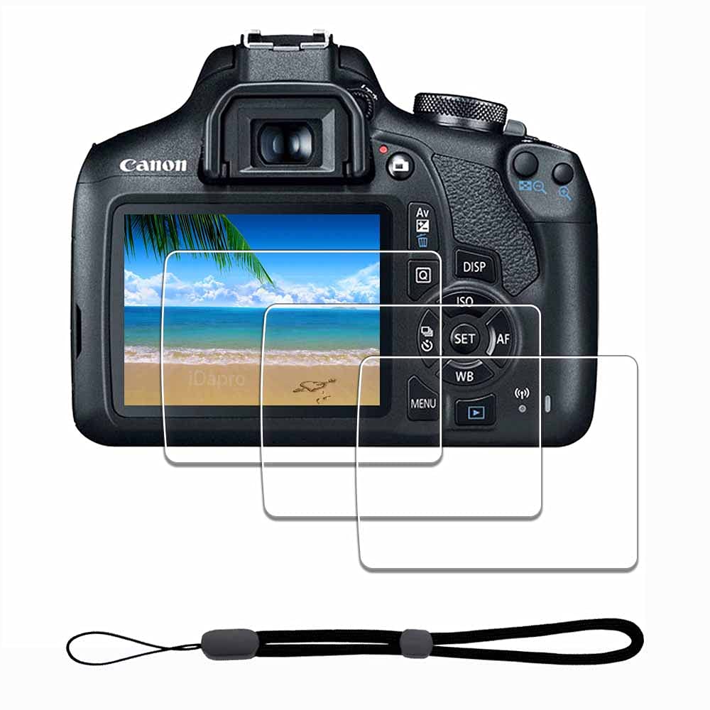 Photo 1 of iDaPro Screen Protector for Canon EOS Rebel T7 T6 T5 2000D 1300D 1200D+ Hand Lanyard [3+1 Pack] Tempered Glass Easy Installation