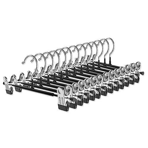 10Pack Trouser Hangers -Skirt Hangers with Adjustable Non Slip Clips Strong Chrome- Space Saving Pant Hangers,Heavy Duty Metal Hangers for Shorts Jeans Trousers Clothes Hangers (Black)