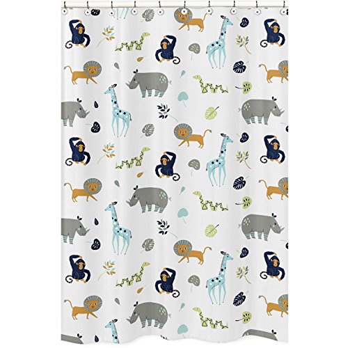 Sweet Jojo Designs Turquoise and Navy Blue Safari Animal Bathroom Fabric Bath Shower Curtain for Mod Jungle Collection