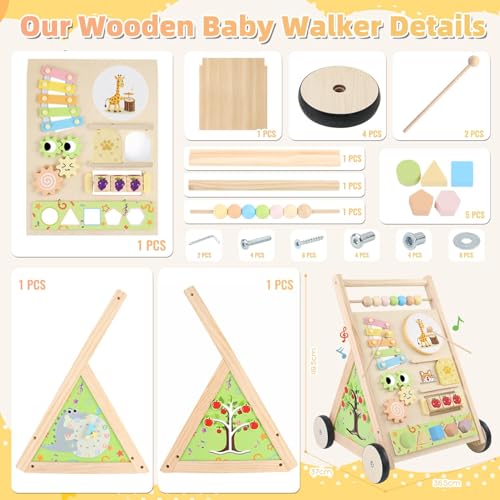 Multifunctional Wooden Baby Walker with Wheels, Montessori Early Educational Activity Center, Sit to Stand Learning Walker Toy with Shape Sorter Xylophone for Toddlers