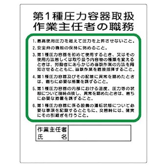 Amazon ユニット 作業主任者職務表示板 第1種圧力容器取扱作業主任者の職務 500 400mm 356 12 作業表示板 産業 研究開発用品 通販