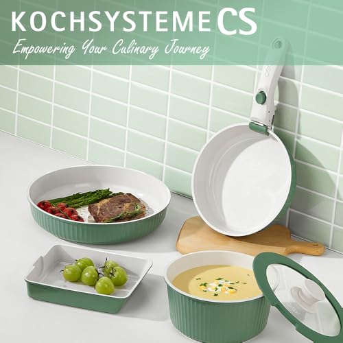 KOCH SYSTEME CS 12 Piece Non stick Ceramic Cookware Set, Pots and Pans Set with Detachable Handle, Induction Kitchen Cookware Sets, Cooking Pan Set with Removable Handle, RV Cookware Set, Green
