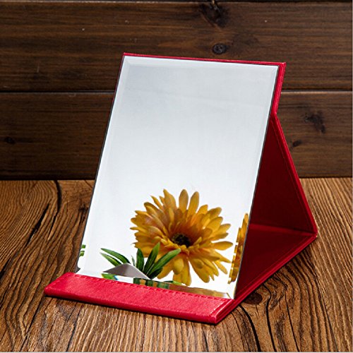 JOLY Protable PU Leather Mirror Folding Desktop Makeup Mirror with Adjustable Stand for Personal Use,Travelling (M, Red)