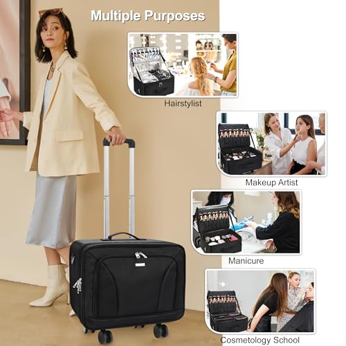 Relavel Makeup Case with 4 Removable 360 Degree Swivel Castors, Professional 3-Layer Organizer (Ideal for Makeup Artist and Hairdresser)
