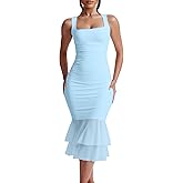 Kaximil Women's Sexy Bodycon Ruched Square Neck Midi Dresses Elegant Sleeveless Ruffle Cocktail Party Dress