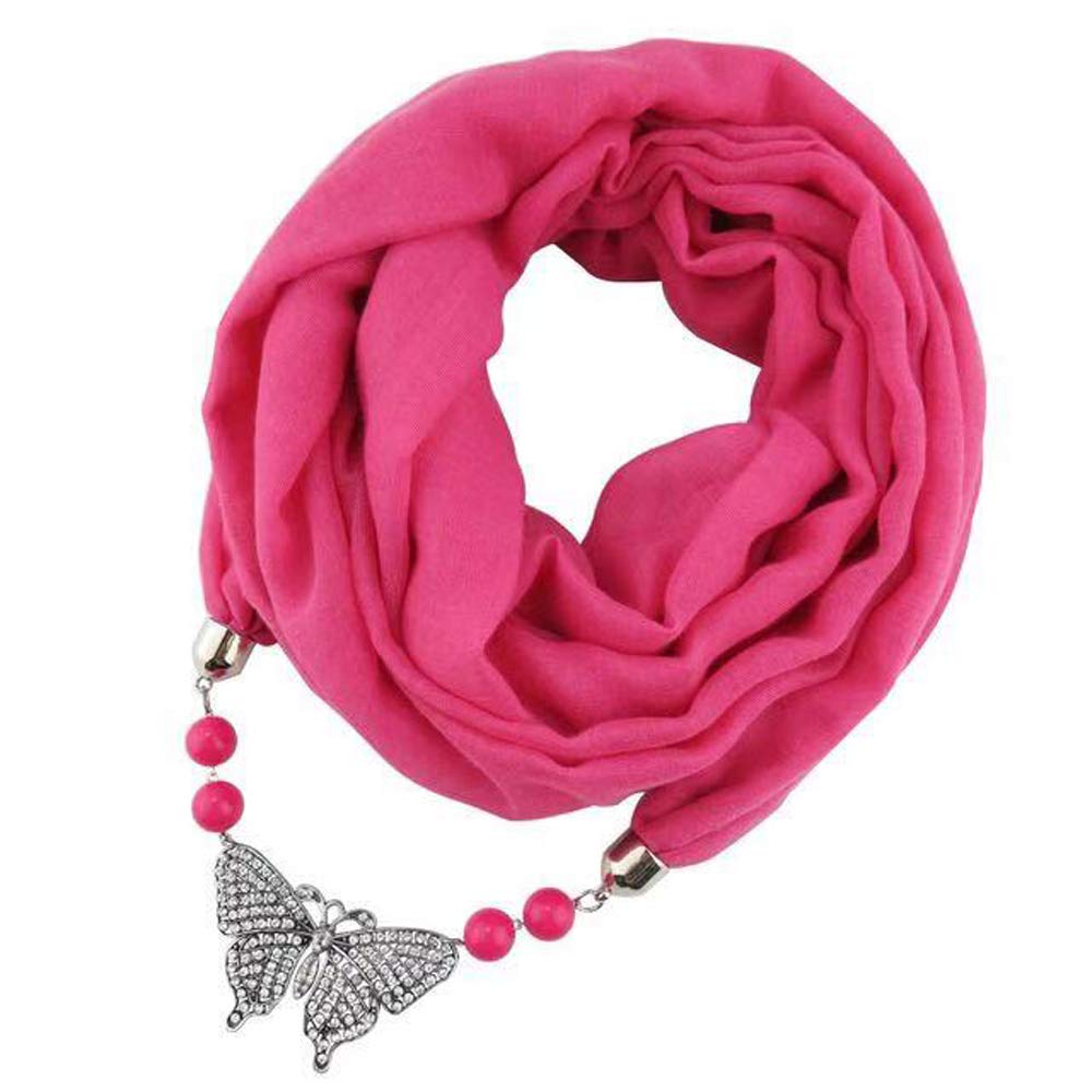 Micoop Women's Scarves Multi-purpose Butterfly Pendant Scarf Necklace Stylish Infinity Scarf with Jewelry Accessory for Chic ladies (Rose red scarf with butterfly)
