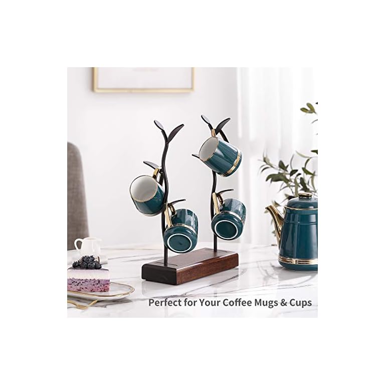 Wood Coffee Cup Holder,6 Hooks Coffee Cup Tree Stand For Counter,Coffee