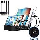 5 USB Charging Station JZBRAIN Multiple USB Charger Station with Lightning and Micro USB Dual Short Cables for Apple Products iphone ipad ipod iwatch and Android Devices cell phone tablets (Black)