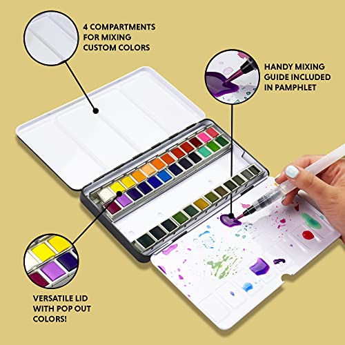 36 Premium Watercolor Paint Set Half Pans in Adjustable Metal Palette