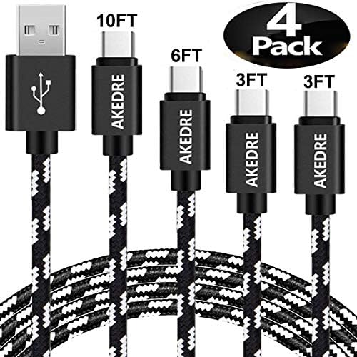 USB Type C Cable, AKEDRE USB C Cable 4Pack [10FT 6FT 3FT 3FT] Nylon Braided Fast Charging Cable for Galaxy Note 8 S8+ Plus, V20,Google pixel xl,Nexus 6P 5X,Mate 9 honor 8,oneplus 2 3T and more