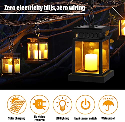Farol solar para exterior, farol solar exterior con vela decorativa LED, resistente al agua, farolillos colgantes de jardín, decoración de jardín, luces festivas para exteriores (2 piezas)