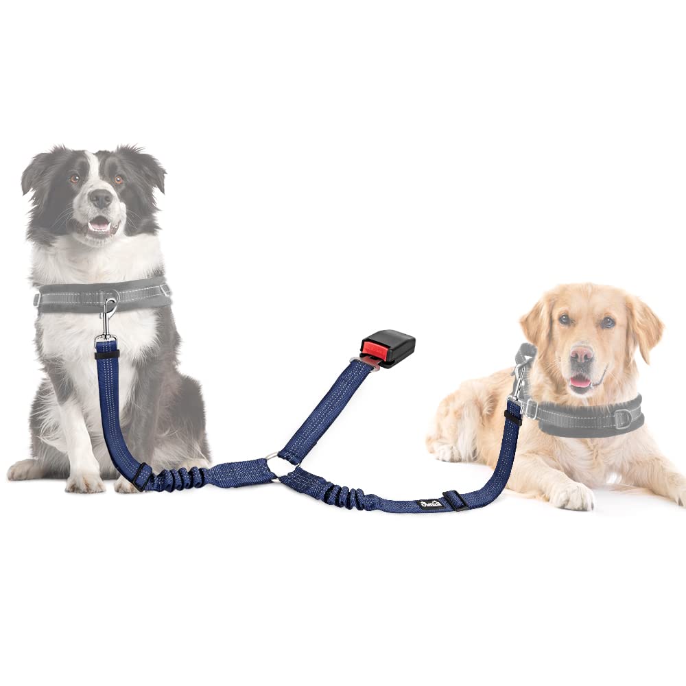 SlowTon Double Dog Seat Belt, Adjustable Elastic Dog Car Harness Seatbelt with Anti-Shock Bungee Buffer, Heavy Duty Reflective Puppy Cars Restraint Pet Safety Belts Clip