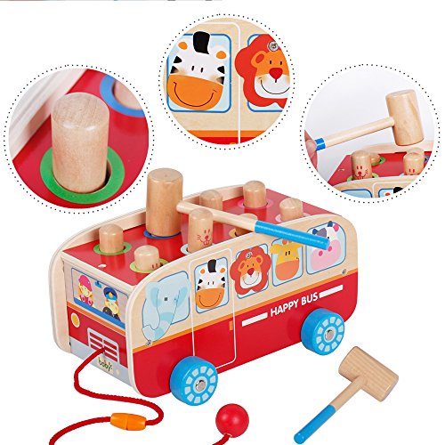 Wooden Pull Along Walking Bus Toys Pounding Bench Set for Kids Toddlers