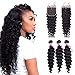 VRVOGUE Brazilian Deep Wave Bundles with Closure - 16/18/20+14 Inch 7A+ Brazilian Hair Bundles Deep Curly Weave 100% Unprocessed Human Hair Extensions with Closure - 4x4 Free Part Natural Black