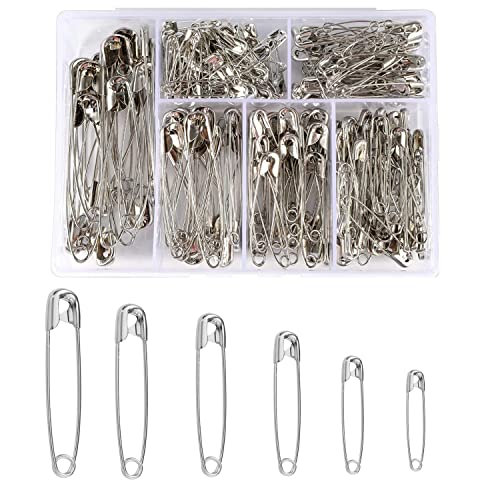 RstEDame Safety Pins, 250pcs High Strength Steel Assorted Sizes Hijab Brooches Pins Durable Rust-Resistant Clothing Pins for Home Office Clothes Label Sewing Jewelry Making, 6 Sizes, Silver