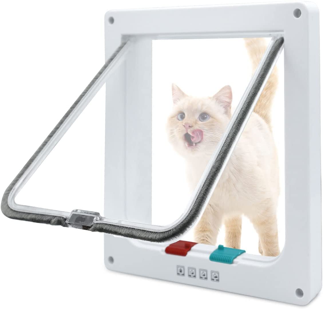 Cat Door, 4 Way Locking Cat Door Interior Door, Weatherproof Pet Door Cat Flap Door for Cats & Doggy S (S)