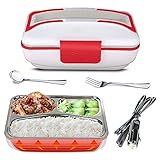 YOUDirect Car Use Electric Heating Lunch Box - Portable Bento Meal Heater Car Plug Food Warmer Stainless Steel Heating Food Container Leak-Resistant Reusable Electronic Food Boxes (Red)
