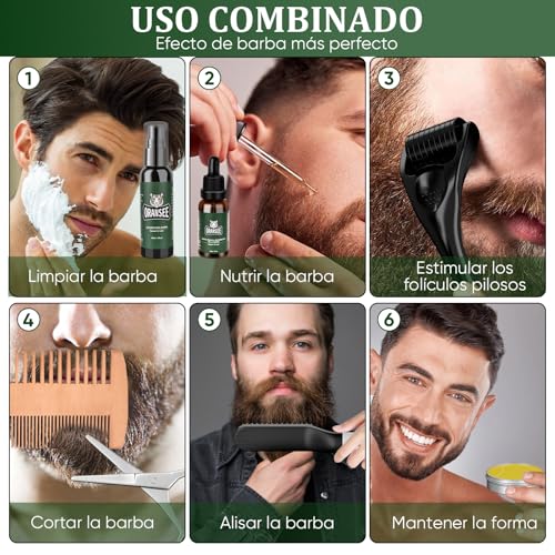 OranSee Kit Cuidado Barba 13 en 1 para Hombre, Incluye Alisador, Rodillo Microagujas, Aceite, Bálsamo y Accesorios para Crecimiento, Estilizado Natural, Juego de Regalo Hombre, Papa, Esposo, Amigo